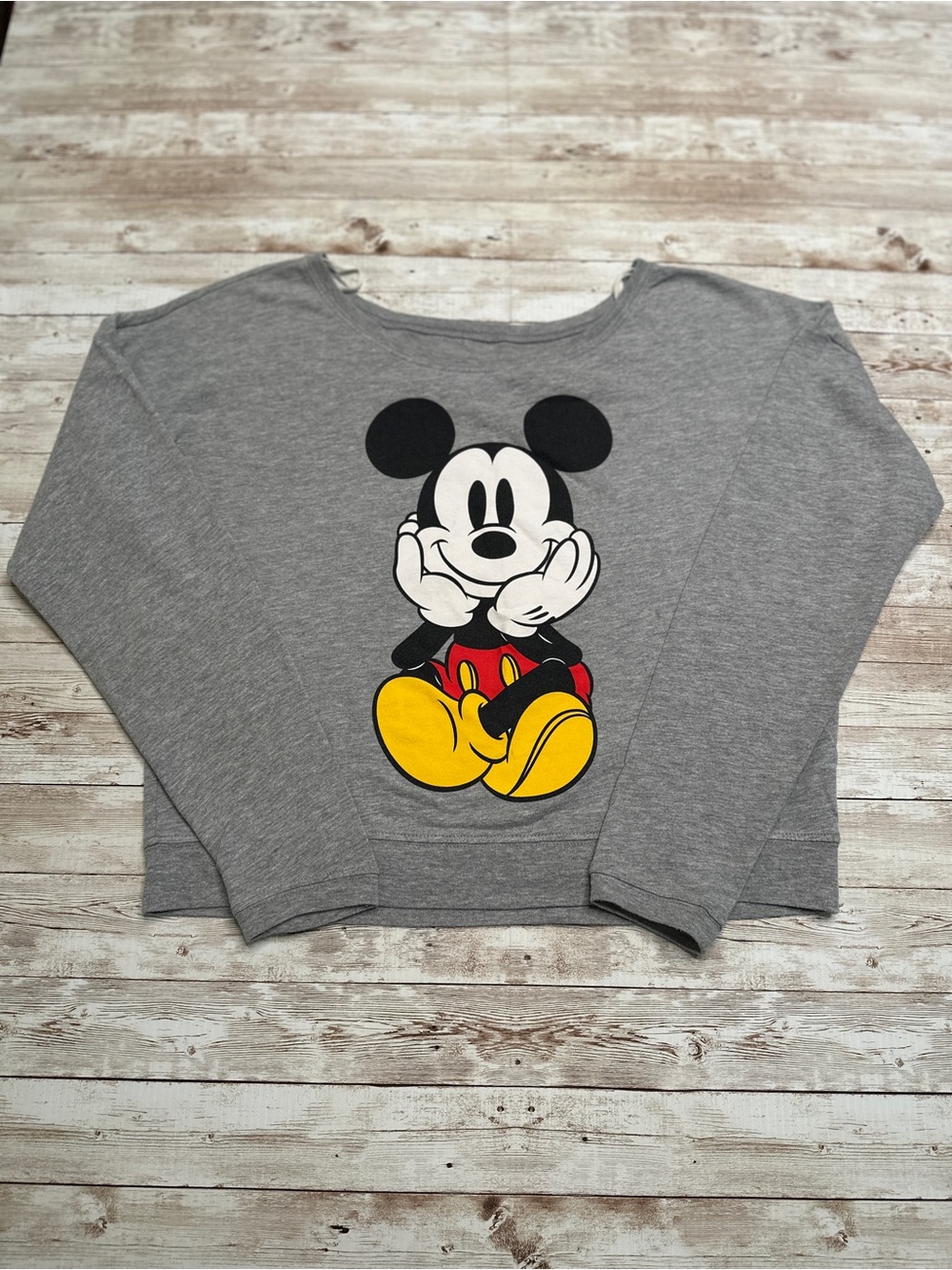 Disney Gray Long Sleeve Top with Mickey Mouse Graphic and Yellow & Red Accents